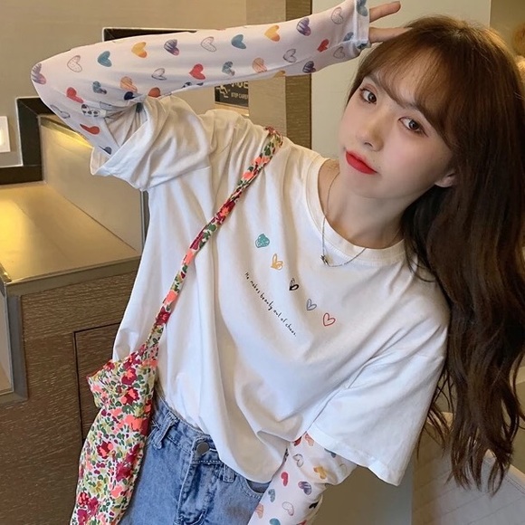 Shirt tshirt heart white top women’s cute long sl - Picture 5 of 8